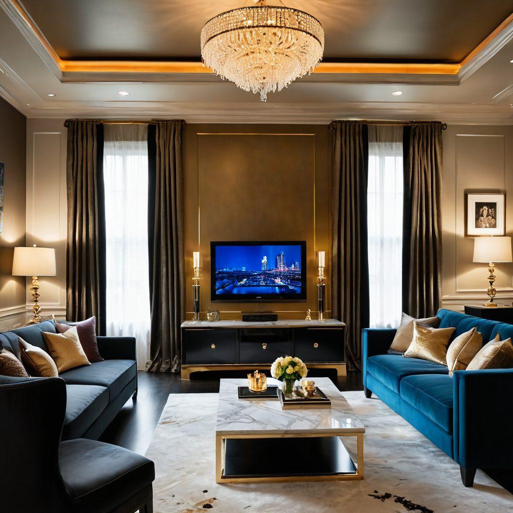 A lavish living room adorned with opulent furnishings, featuring a large flat-screen TV showcasing glamorous scenes from upscale television shows. Elegant champagne flutes on a marble table, soft lighting creating an inviting atmosphere, and plush velvet couches invite relaxation. A glimpse of a movie premiere event visible through a large window, exuding a sense of luxury and excitement. super-realistic. vibrant colors. upscale ambiance.