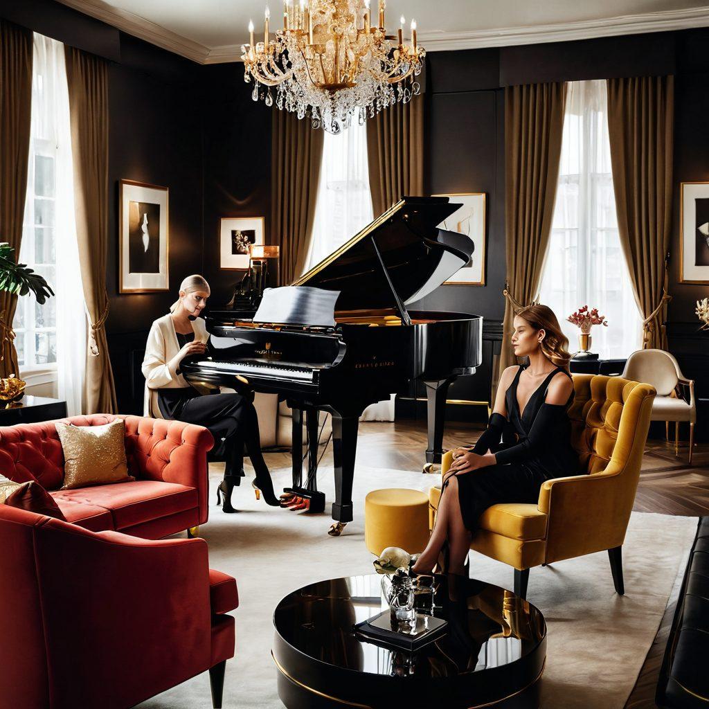 A luxurious lounge setting featuring a stylishly dressed man and woman, surrounded by high-end fashion pieces and entertainment elements like a grand piano and sophisticated cocktails. The ambiance is elegant, infused with a soft golden glow, showcasing a blend of modern and classic art pieces on the walls. Fashion magazines are scattered on a sleek coffee table, amplifying the high-end lifestyle vibe. super-realistic. vibrant colors. stylish ambiance.